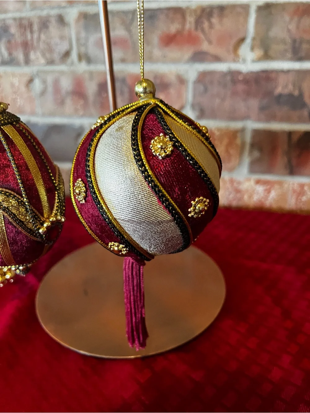 Holiday velvet ornaments with gold ribbon beadwork set of 3